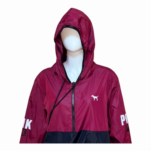 Pink Victoria Secret: Maroon Light Windbreaker Jacket w/ Hoodie Quarter Zipper M - Picture 2 of 7
